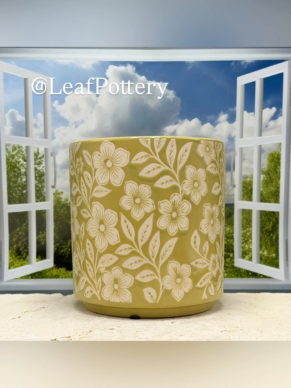 Mustard Yellow Floral Ceramic Planter with Drainage Hole, 6 Inch planter